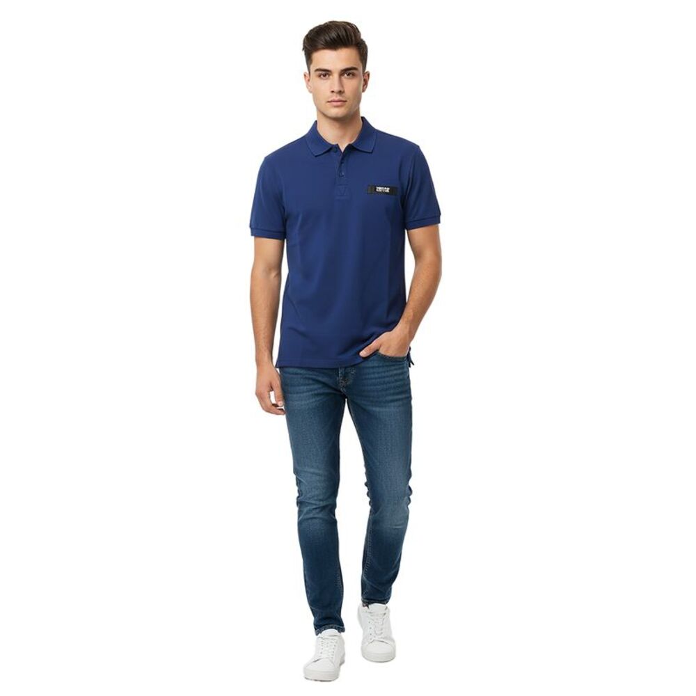 Versace Jeans Couture Steel Blue Mens Polo Shirt with Minimalist Chest Patch